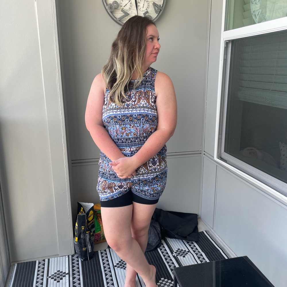 Blue, yellow, magenta and cream romper